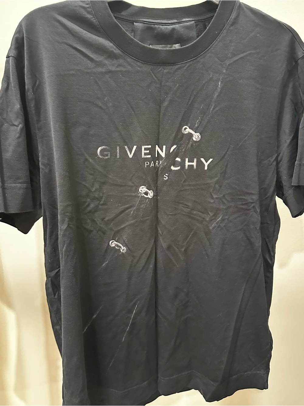 Givenchy Black Logo Short Sleeve Tee with Distressed Details
